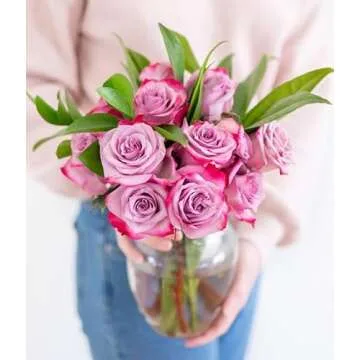 From You Flowers - One Dozen Purple Roses with Glass Vase (Fresh Flower Bouquets) Birthday, Anniversary, Get Well, Congratulations, Thank You, All Occasions