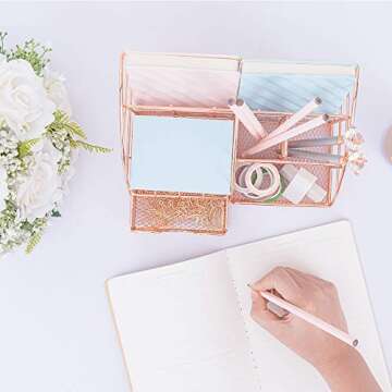 AUPSEN Rose Gold Desk Organizer for Women, Mesh Office Supplies Desk Accessories, Features 5 Compartments + 1 Mini Sliding Drawer