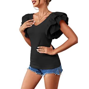 Vrtige Women's V Neck Ruffle Cap Sleeve Summer Blouse Top Shirt Baby Black Medium