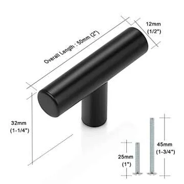Probrico 15 Pack| Flat Black Single Hole Cabinet Knobs 2" Drawer Handle Pulls Kitchen Cupboard T Bar Knobs Stainless Steel Furniture Hardware