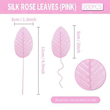 HOKPA 200Pcs Artificial Silk Rose Leaves, Fake Faux Wired Single Leaf for DIY Crafts Floral Arrangements Home Kitchen Wedding Garland Party Decorations (Pink)