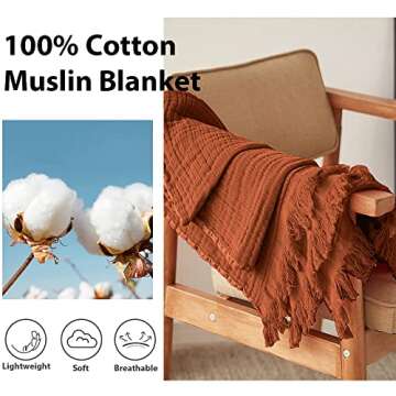 Simple&Opulence Cotton Muslin Throw Blanket for Bed, Couch, Knit Woven Gauze Blanket with Tassels, Soft Lightweight Cozy Pre-Washed Breathable Farmhouse Decoration for All-Season (Rust Orange)