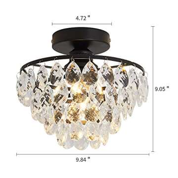 YYJLX Modern Small Crystal Ceiling Light Fixture Mini Black Semi Flush Mount Chandelier Light Fixture for Hallway Bedroom Bathroom Closet e26