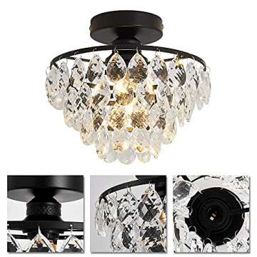 YYJLX Modern Small Crystal Ceiling Light Fixture Mini Black Semi Flush Mount Chandelier Light Fixture for Hallway Bedroom Bathroom Closet e26