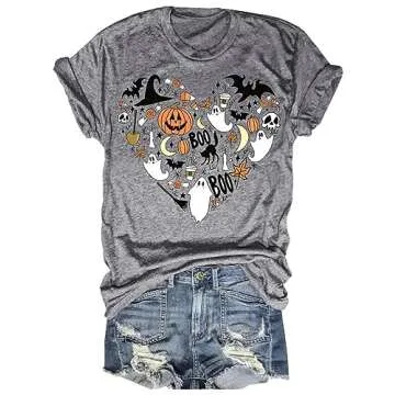 Halloween Shirt for Women Funny Fall Family Party Halloween Heart Graphic Tees Tops(819-Grey,L)