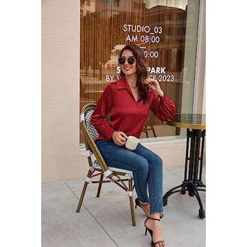 Satin Silk Blouse for Women Business Casual for Women Casual Work Blouse Shirt Tops Red L