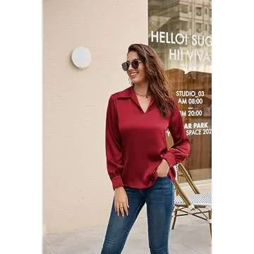 Satin Silk Blouse for Women Business Casual for Women Casual Work Blouse Shirt Tops Red L