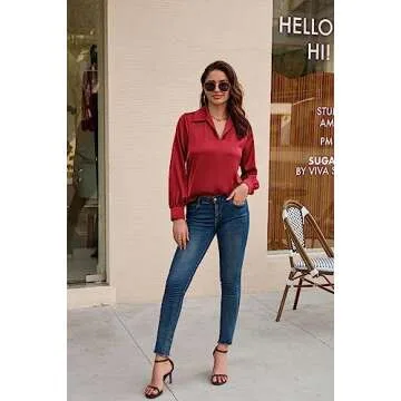 Satin Silk Blouse for Women Business Casual for Women Casual Work Blouse Shirt Tops Red L