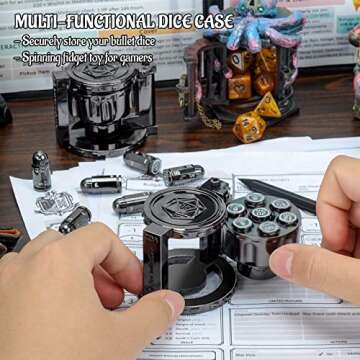 CZYY Metal Polyhedral Bullet Dice Set of 7 with Spinning Revolver Cylinder Container - Cyberpunk Sty...