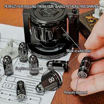 CZYY Metal Polyhedral Bullet Dice Set of 7 with Spinning Revolver Cylinder Container - Cyberpunk Style Dice for Warhammer 40K, D&D, Sci-Fi, War, or Crime Theme Tabletop Games (Black)