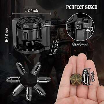 CZYY Metal Polyhedral Bullet Dice Set of 7 with Spinning Revolver Cylinder Container - Cyberpunk Style Dice for Warhammer 40K, D&D, Sci-Fi, War, or Crime Theme Tabletop Games (Black)