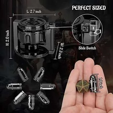 CZYY Metal Polyhedral Bullet Dice Set of 7 with Spinning Revolver Cylinder Container - Cyberpunk Style Dice for Warhammer 40K, D&D, Sci-Fi, War, or Crime Theme Tabletop Games (Black)