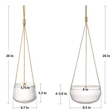 Mkono Ceramic Hanging Planter of Shallow 8 Inch and Deep 6 Inch for Indoor Outdoor Plants, Set of 2 Modern Plant Pot Geometric Porcelain Hanging Basket with Polyester Rope Hanger
