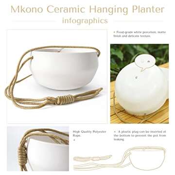 Mkono Ceramic Hanging Planter of Shallow 8 Inch and Deep 6 Inch for Indoor Outdoor Plants, Set of 2 Modern Plant Pot Geometric Porcelain Hanging Basket with Polyester Rope Hanger