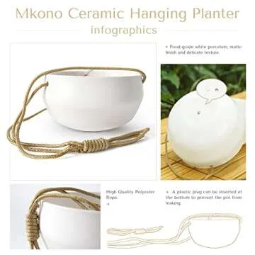 Mkono Ceramic Hanging Planter of Shallow 8 Inch and Deep 6 Inch for Indoor Outdoor Plants, Set of 2 Modern Plant Pot Geometric Porcelain Hanging Basket with Polyester Rope Hanger