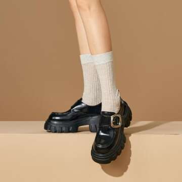 BEAU TODAY Women's Platform Loafers, Chunky Heel Lug Sole Loafers for Women, Comfortable Leather Sli...