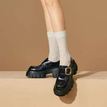 BEAU TODAY Women's Platform Loafers, Chunky Heel Lug Sole Loafers for Women, Comfortable Leather Sli...