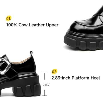 BEAU TODAY Women's Platform Loafers, Chunky Heel Lug Sole Loafers for Women, Comfortable Leather Slip-on Loafers, Casual Business Office Work Shoes with Buckle Black US 8.5