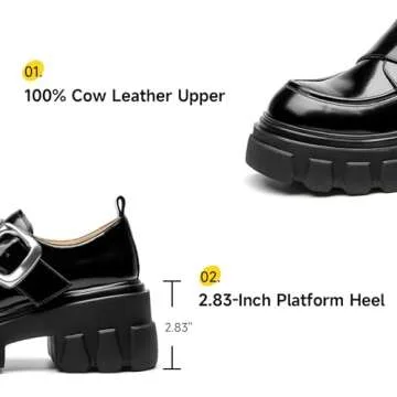 BEAU TODAY Women's Platform Loafers, Chunky Heel Lug Sole Loafers for Women, Comfortable Leather Slip-on Loafers, Casual Business Office Work Shoes with Buckle Black US 8.5