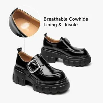 BEAU TODAY Women's Platform Loafers, Chunky Heel Lug Sole Loafers for Women, Comfortable Leather Slip-on Loafers, Casual Business Office Work Shoes with Buckle Black US 8.5