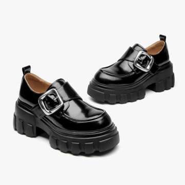 BEAU TODAY Women's Platform Loafers, Chunky Heel Lug Sole Loafers for Women, Comfortable Leather Slip-on Loafers, Casual Business Office Work Shoes with Buckle Black US 8.5