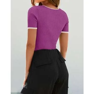ZESICA Women's Short Sleeve Square Neck Color Block T Shirt 2025 Summer Slim Fit Ribbed Knit Basic Tee Tops,Eggplant,Large