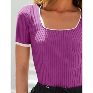 ZESICA Women's Short Sleeve Square Neck Color Block T Shirt 2025 Summer Slim Fit Ribbed Knit Basic Tee Tops,Eggplant,Large