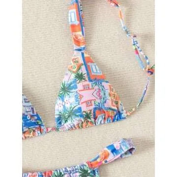 Generic Women's High Waisted Bikini Set Floral Print Spaghetti Strap Smocked Wireless Bathing Suit Swimsuit 2 Piece Set Multicolor Small