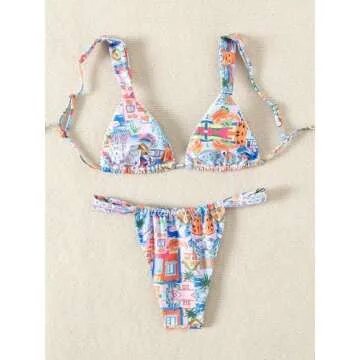 Generic Women's High Waisted Bikini Set Floral Print Spaghetti Strap Smocked Wireless Bathing Suit Swimsuit 2 Piece Set Multicolor Small