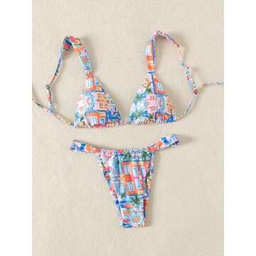 Generic Women's High Waisted Bikini Set Floral Print Spaghetti Strap Smocked Wireless Bathing Suit Swimsuit 2 Piece Set Multicolor Small