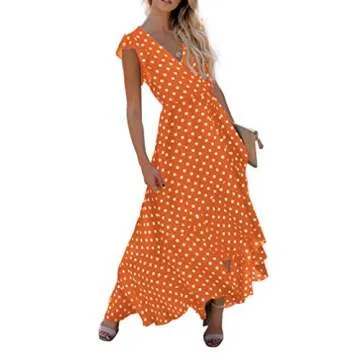 GRECERELLE Women's Summer Floral Print Cross V Neck Dress Bohemian Flowy Long Maxi Dress PD-Orange-Small