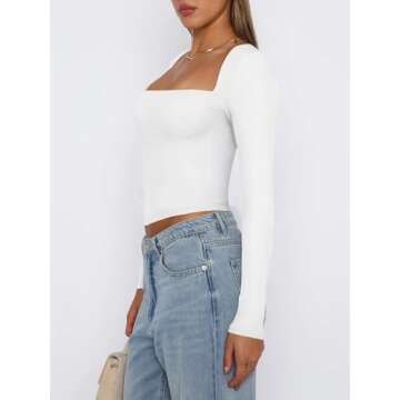 REORIA Fall Sexy Casual Square Neck Long Sleeve Crop Top for Women