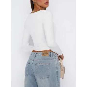 REORIA Women's Trendy Square Neck Long Sleeve Crop Top