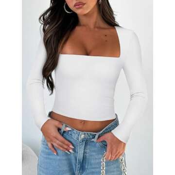 REORIA Women's Trendy Square Neck Long Sleeve Crop Top