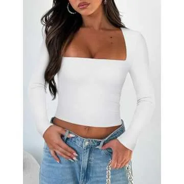 REORIA Women's Trendy Square Neck Long Sleeve Crop Top