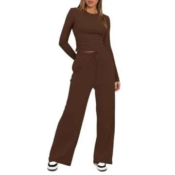 Darong Women's 2 Piece Outfits Lounge Sets Ruched Long Sleeve Tops and Wide Leg Pants Tracksuit Sets 9065A Coffee XS