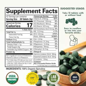 Sunlit Best - USDA Organic Spirulina Tablet - Natural Super Greens Supplements for Immune Support, Gut Health & Boost Energy Tablets with Chlorophyll, Vegan & High Protein, Non GMO
