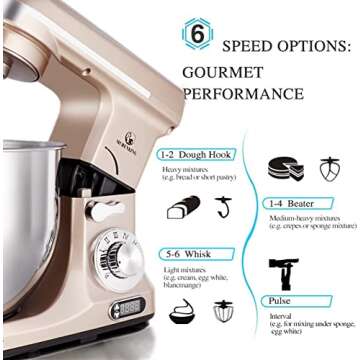 MURENKING Professional Stand Mixer, 6-Qt with Timer, MK37 500W 6-Speed Tilt-Head Food Electric Mixer Kitchen Machine,Plastic (Champagne)