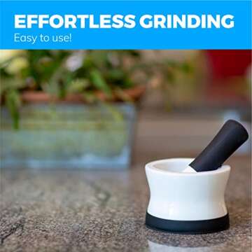 Mortar and Pestle Set, Small Ceramic Pestle and Mortar Bowl, No Slip Silicone Handle and Base, White and Black Spice Grinder & Crusher Muddler Set, Spice & Herb Grinder Bowl, Mortero para Cocina