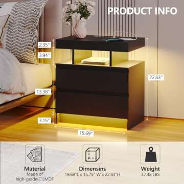 dnbss Nightstand with Wired/Wireless Charging Station, Auto LED Lighting Bedside Tables with Drawers...