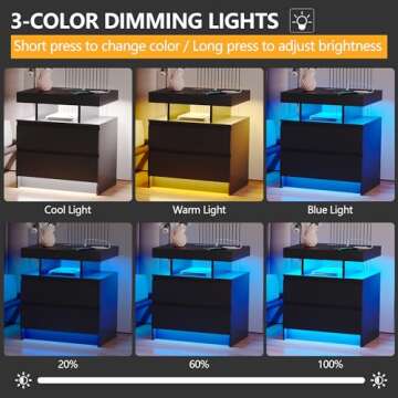 dnbss Nightstand with Wired/Wireless Charging Station, Auto LED Lighting Bedside Tables with Drawers, Night Stand with 3-Color Lights & Adjustable Brightness for Bedroom (Black)