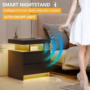 dnbss Nightstand with Wired/Wireless Charging Station, Auto LED Lighting Bedside Tables with Drawers, Night Stand with 3-Color Lights & Adjustable Brightness for Bedroom (Black)