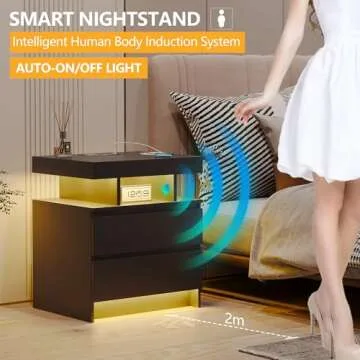 dnbss Nightstand with Wired/Wireless Charging Station, Auto LED Lighting Bedside Tables with Drawers, Night Stand with 3-Color Lights & Adjustable Brightness for Bedroom (Black)