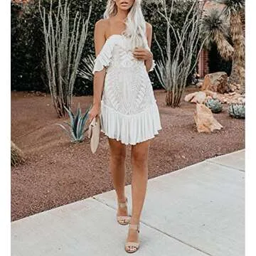 Women's Summer Off Shoulder Vintage Floral Lace Flare Short Sleeve Loose Elegant Mini Dress L