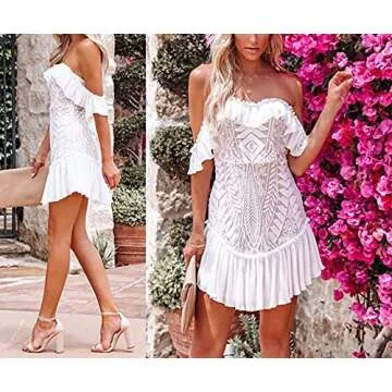 Women's Summer Off Shoulder Vintage Floral Lace Flare Short Sleeve Loose Elegant Mini Dress L