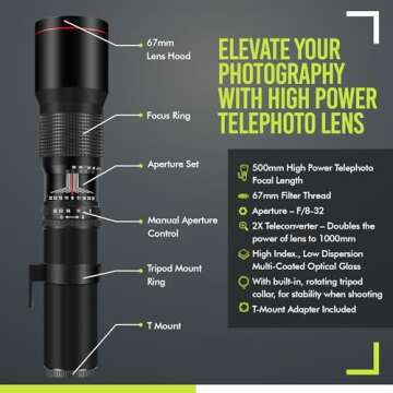 High-Power 500mm/1000mm f/8 Manual Telephoto Lens for Canon EOS 80D, 90D, Rebel T3, T3i, T5, T5i, T6...