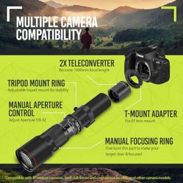 High-Power 500mm/1000mm f/8 Manual Telephoto Lens for Canon EOS 80D, 90D, Rebel T3, T3i, T5, T5i, T6i, T6s, T7, T7I, T8I, SL3, 60D, 70D, 5D, EOS5D IV, 6D II, 7D II SLR Cameras