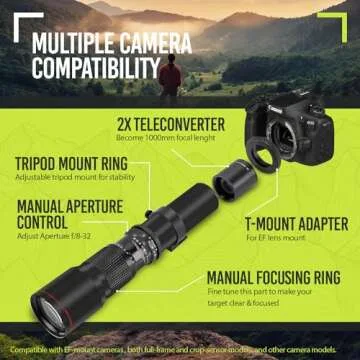 High-Power 500mm/1000mm f/8 Manual Telephoto Lens for Canon EOS 80D, 90D, Rebel T3, T3i, T5, T5i, T6i, T6s, T7, T7I, T8I, SL3, 60D, 70D, 5D, EOS5D IV, 6D II, 7D II SLR Cameras