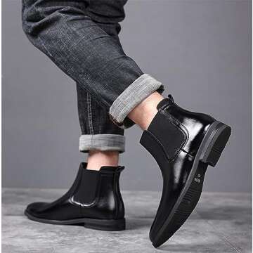 DADAWEN Men's Chelsea Boots Leather Casual Chukka Ankle Boots Classic Elastic Dress Boots for Men Bl...