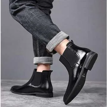 DADAWEN Men's Chelsea Boots Leather Casual Chukka Ankle Boots Classic Elastic Dress Boots for Men Bl...